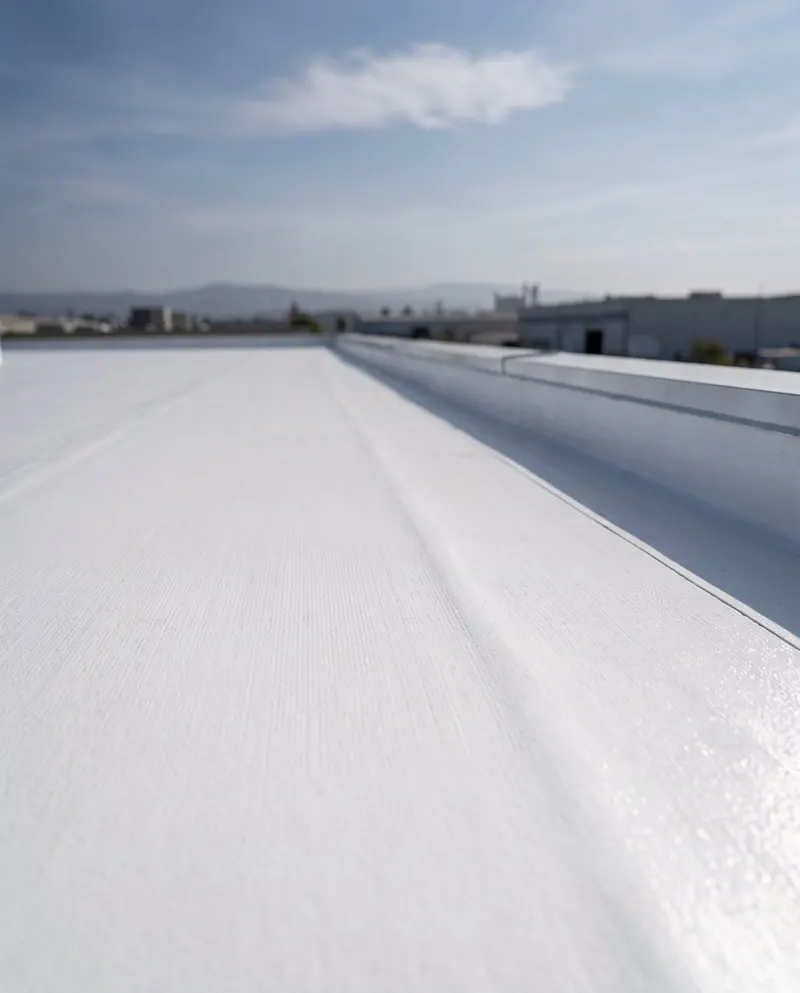 Seamless white silicone roof coating on a commercial low-slope roof