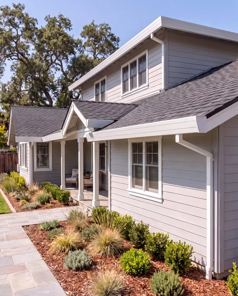 White seamless fascia gutter running along the eave of a gray Bay Area home
