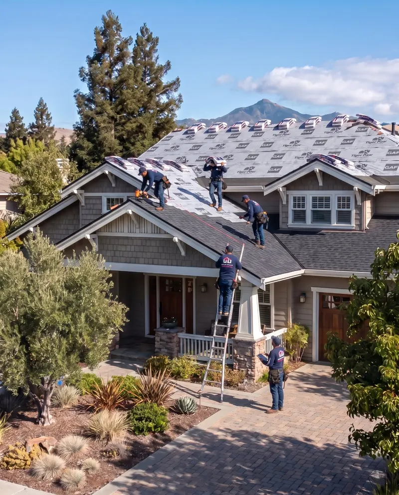Build Atlas crew mid-installation on a San Ramon craftsman home, crew lead coordinating from the driveway