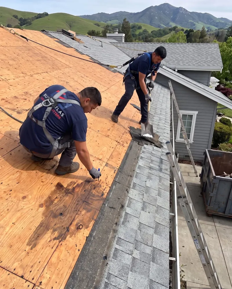 Build Atlas crew tearing off an old shingle roof to the deck, harnessed and tied off