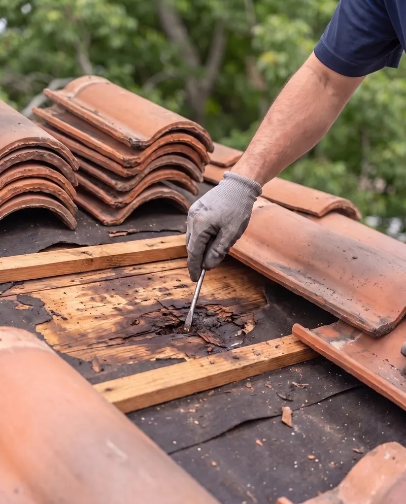 Gloved hand probing water-damaged decking under removed clay tiles