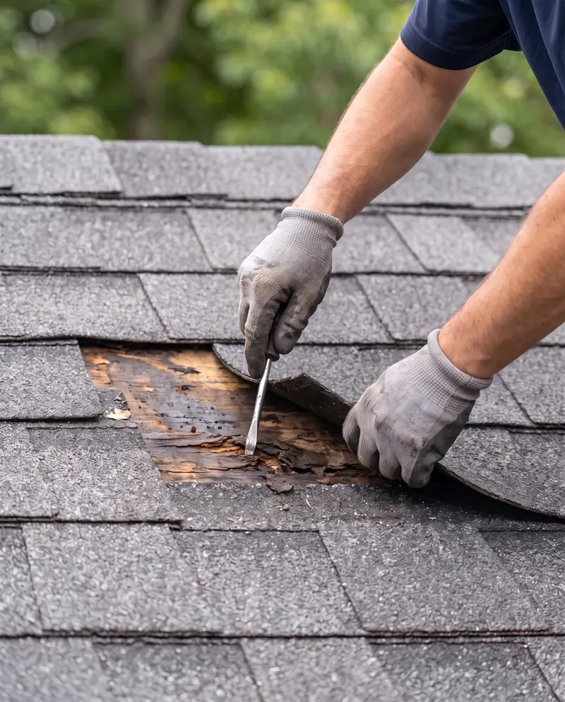 Gloved hands testing water-damaged roof decking under removed shingles