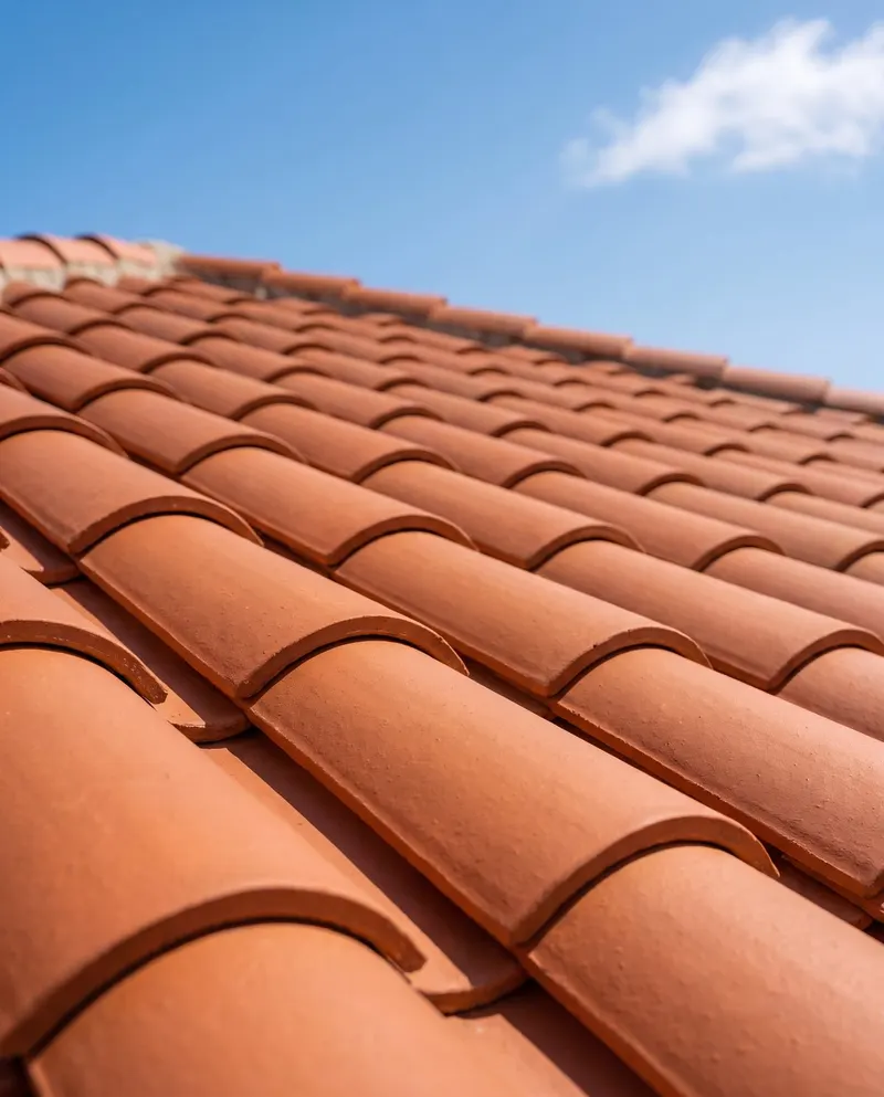 New Spanish clay barrel tile roof against a blue sky
